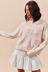 SO ME Embroidered Ribbon Round Neck Sweater OutfitFlow