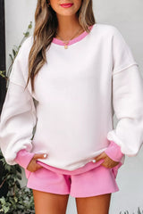 Color Block Sweatshirt and Elastic Waist Shorts Set OutfitFlow