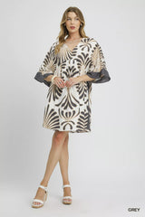 Umgee Abstract Print Kimono Sleeve Mini Dress GREY OutfitFlow