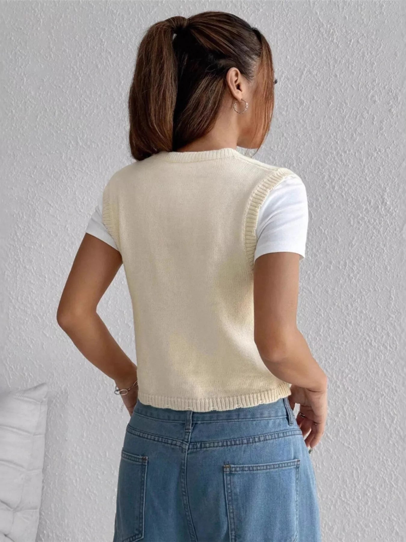 Embroidered Button Up Sweater Vest OutfitFlow