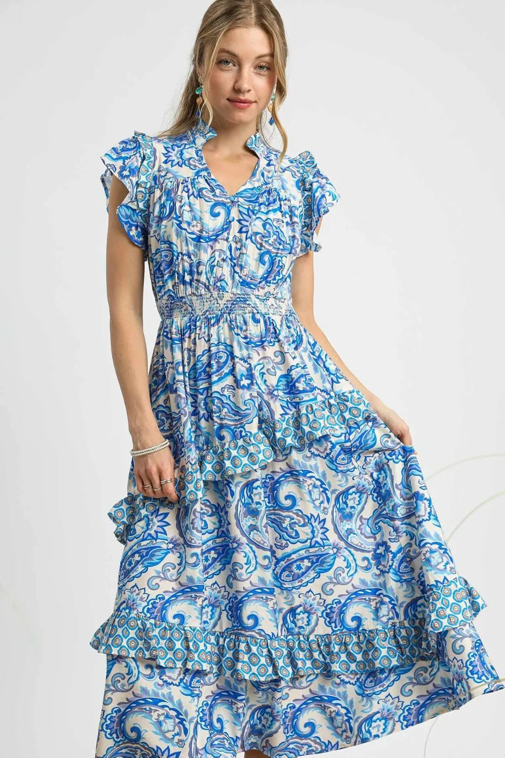 Umgee Paisley Print Ruffle Sleeve Midi Dress OutfitFlow