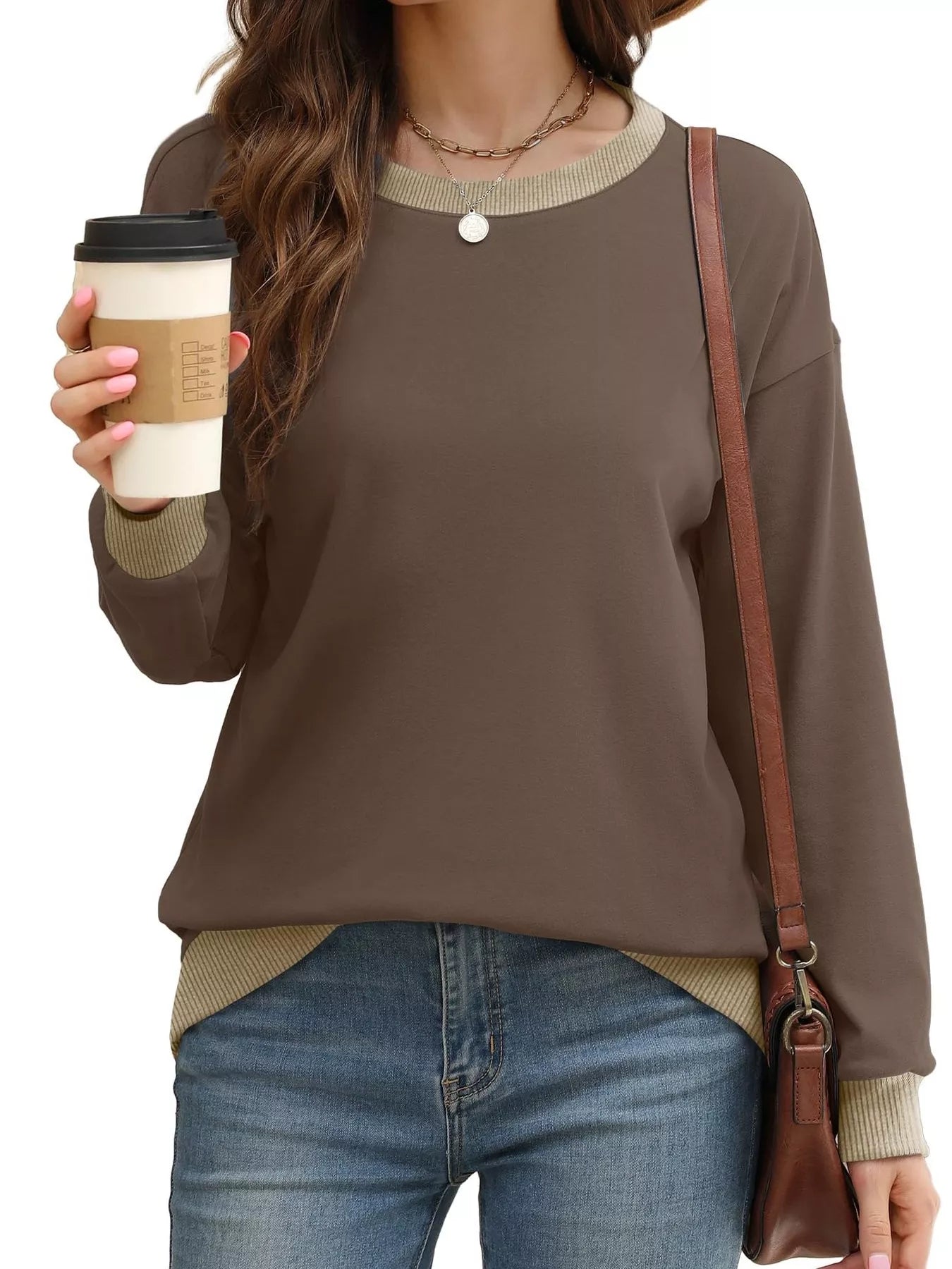 Contrast Trim Crew Neck Casual Sweatshirt OutfitFlow