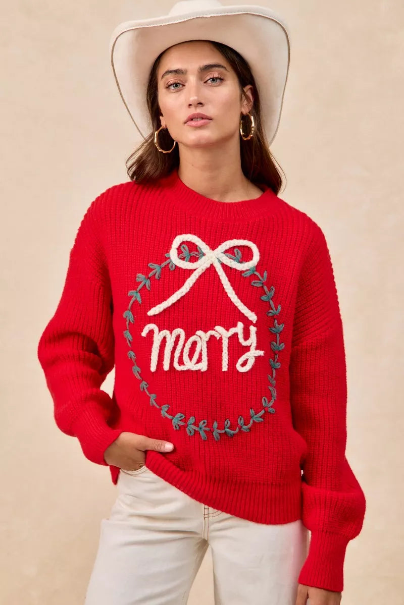 BiBi Christmas Wreath Merry Letter Knit Top OutfitFlow