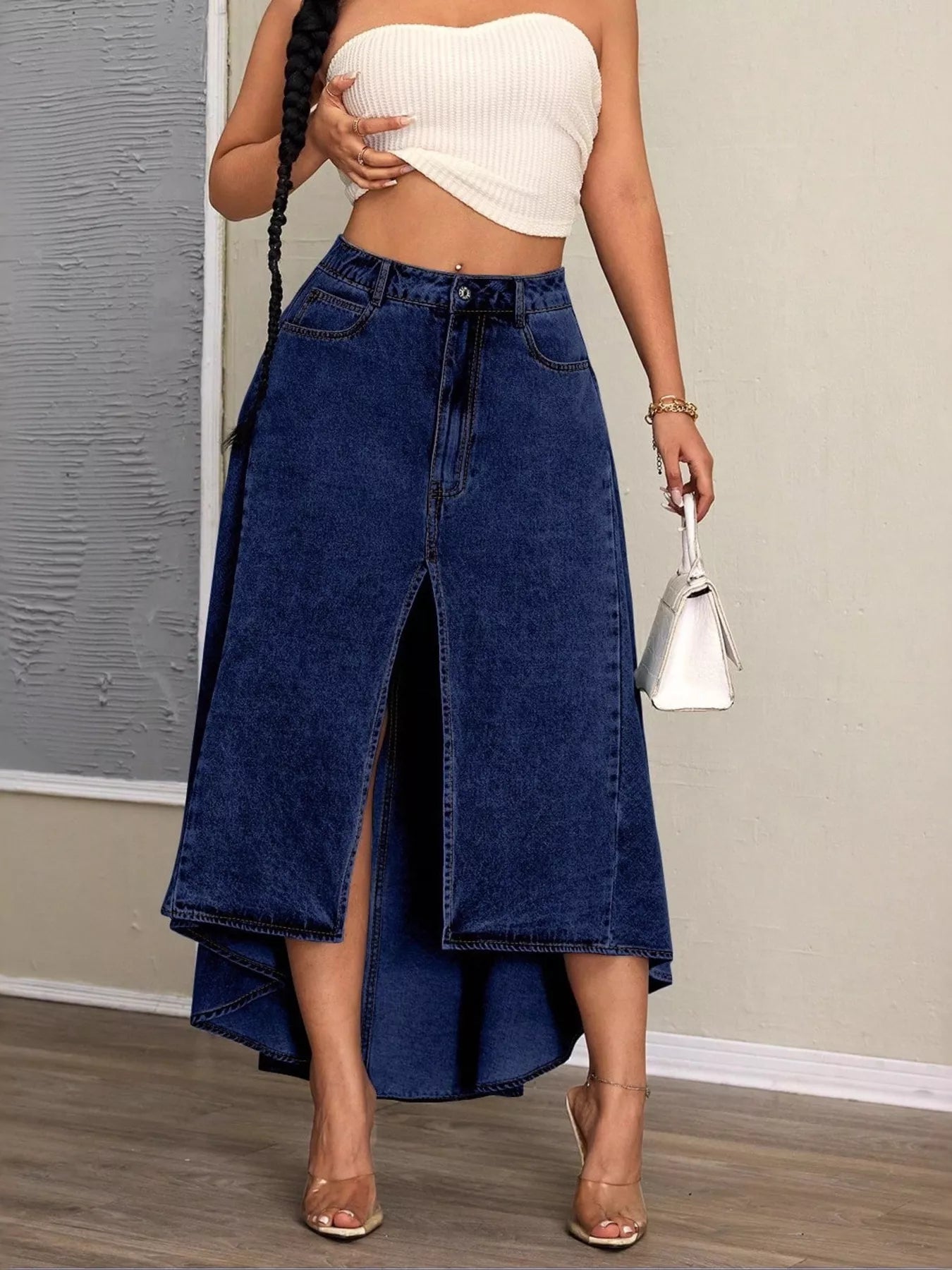 High-Low Slit Denim Skirt OutfitFlow
