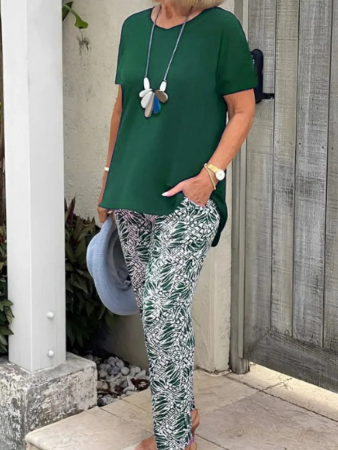 Full Size Round Neck Short Sleeve Top and Pants Set Plus Size Dark Green OutfitFlow