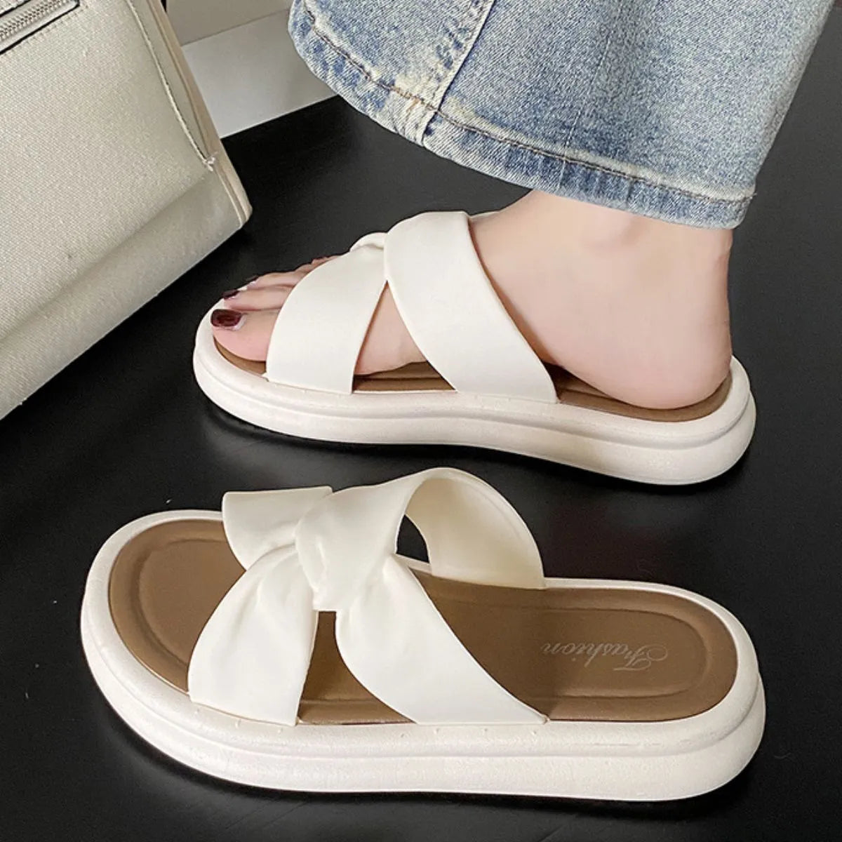 Open Toe Flats Sandals Apricot OutfitFlow