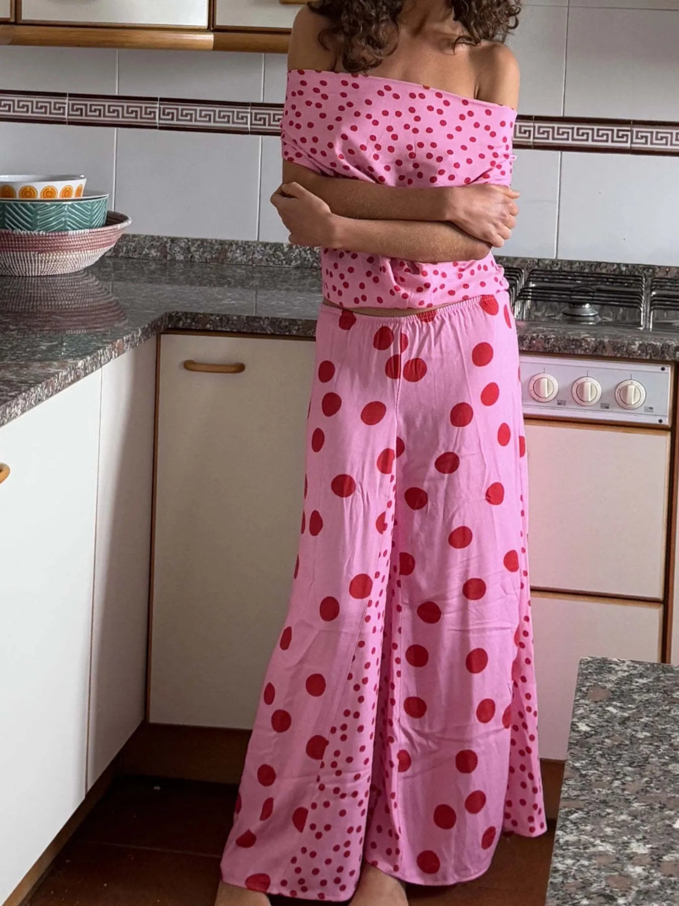Polka Dot Top and Maxi Skirt Set Pink OutfitFlow