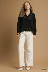 Umgee Full Size Linen Scallop Hem Blouse with Contrast Trim Plus Size Trendsi