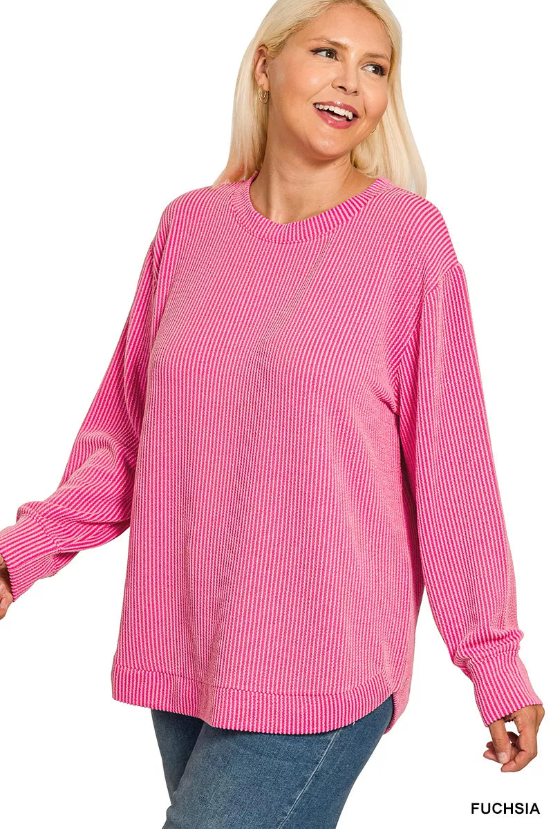 Zenana Full Size Raised Rib Round Neck Long Sleeve Top Plus Size OutfitFlow