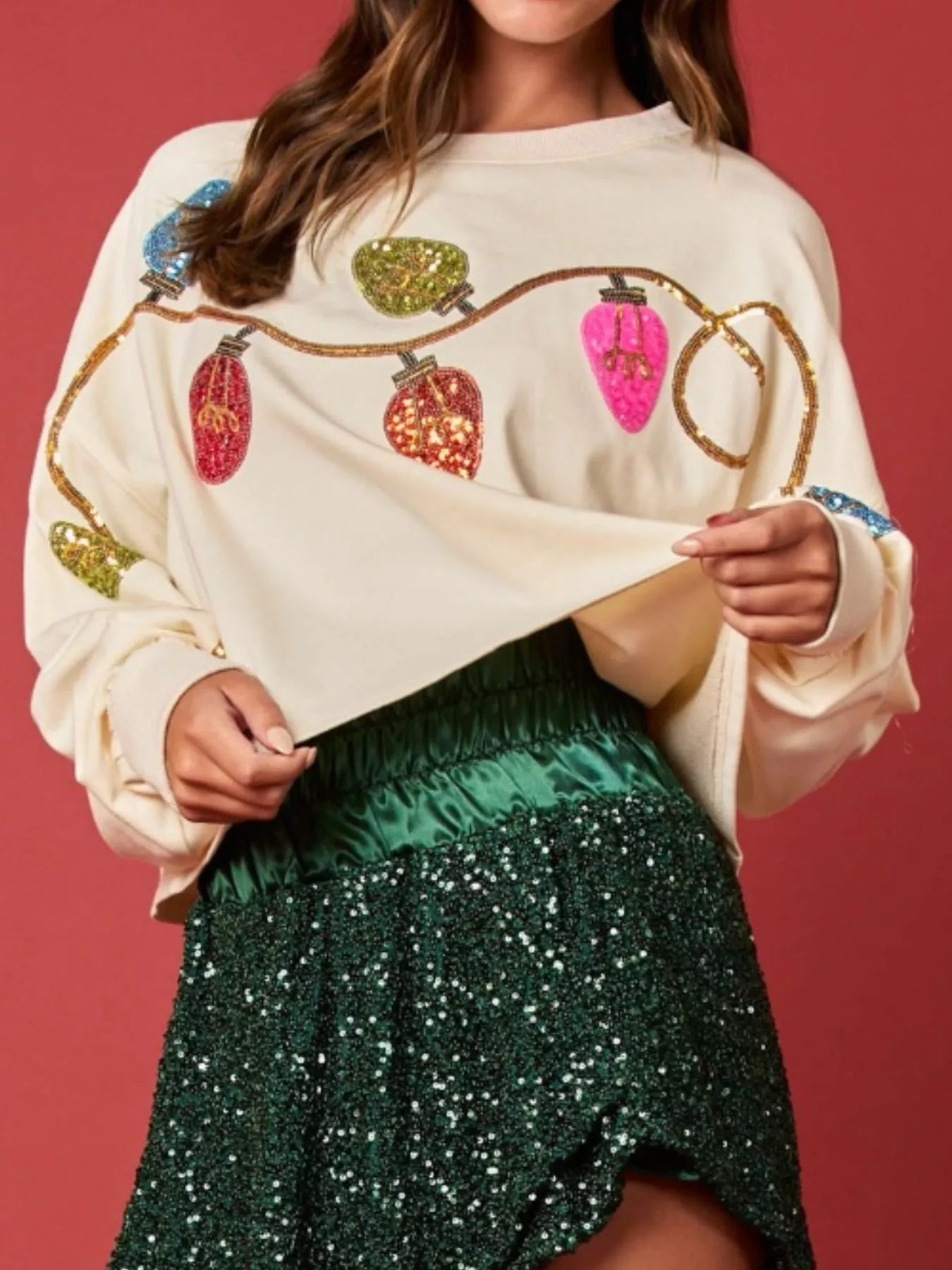 Christmas Holiday Lights Sequin Embellished Sweatshirt OutfitFlow