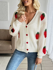 Strawberry Pattern V-Neck Button-Up Cardigan OutfitFlow
