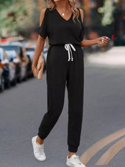 Cold Shoulder V-Neck Drawstring Waist Jumpsuit Trendsi