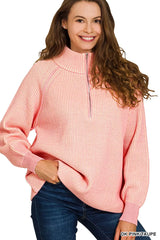 Zenana Ribbed Two Tone Half Zip Sweater DK PINK TAUPE OutfitFlow