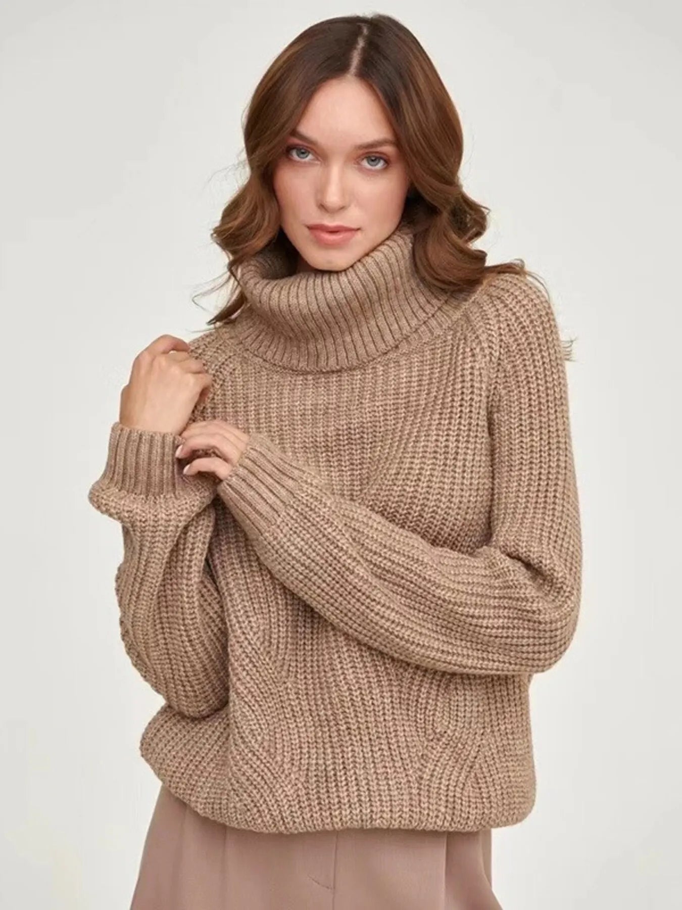 Turtleneck Long Sleeve Sweater Brown OutfitFlow