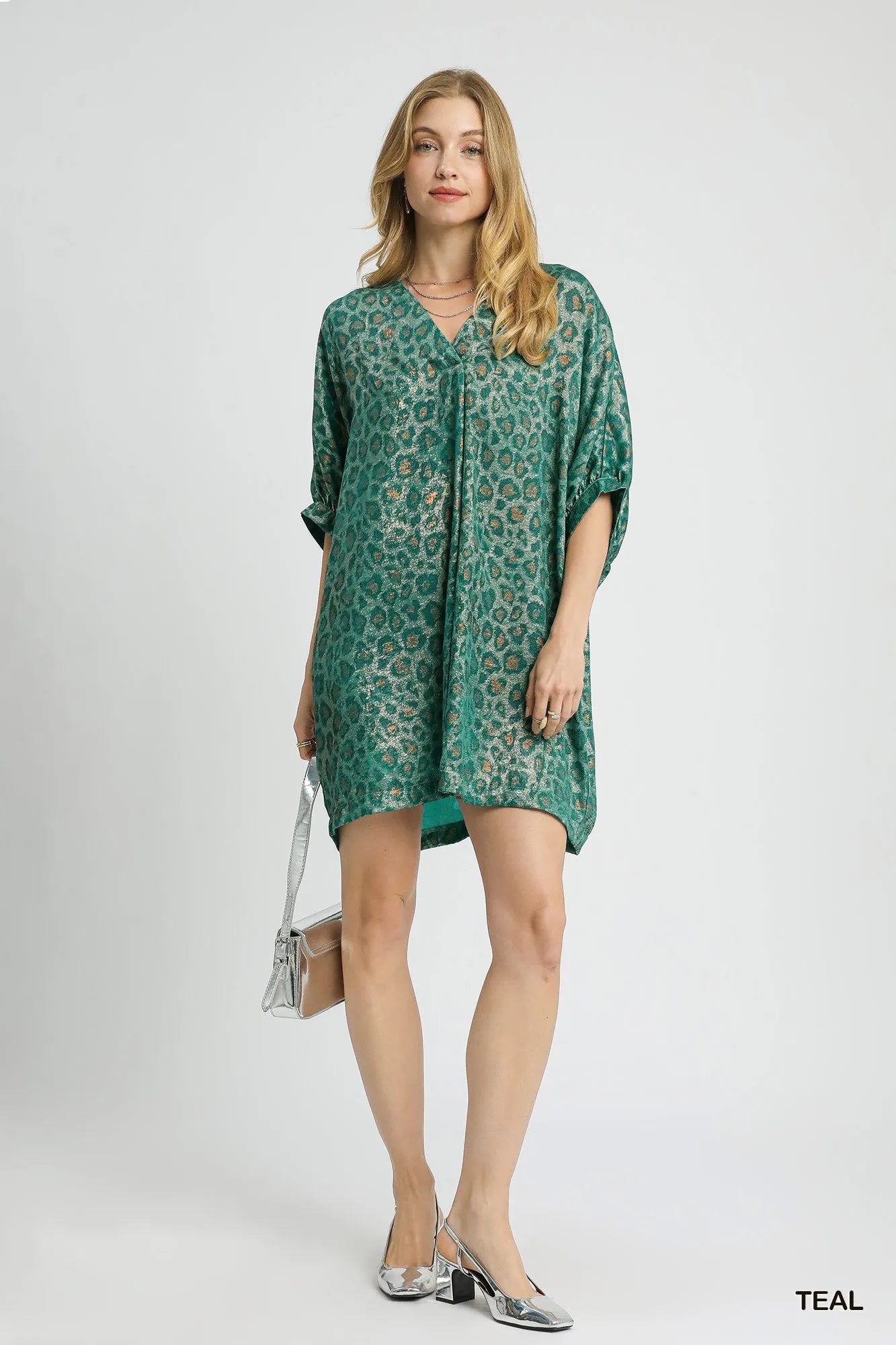 Umgee Metallic Leopard Print V-Neck Kimono Dress OutfitFlow