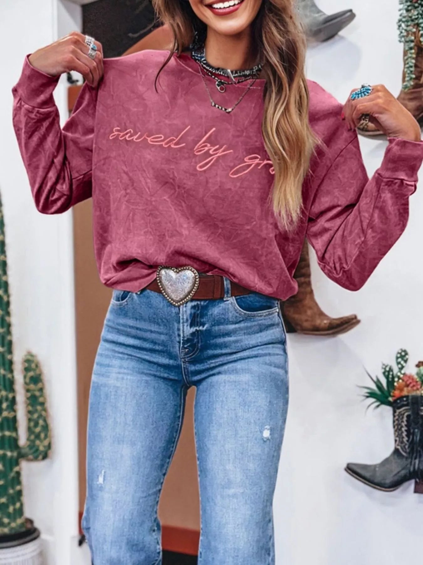 Saved By Grace Letter Embroidery Mineral Wash Loose Sweatshirt Cerise OutfitFlow