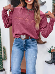 Saved By Grace Letter Embroidery Mineral Wash Loose Sweatshirt Cerise OutfitFlow