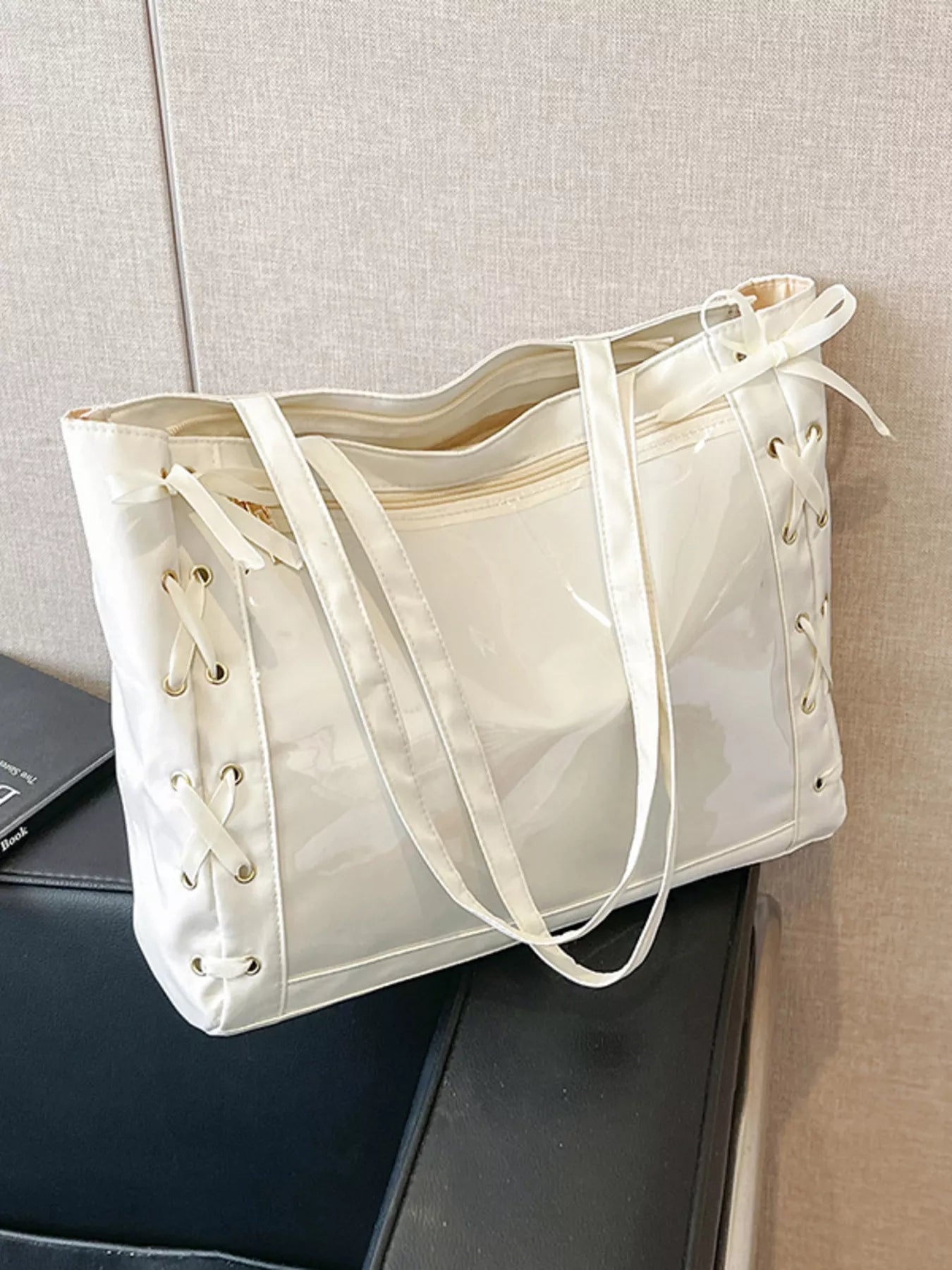 Lace-Up Trim Clear Panel Shoulder Bag OutfitFlow