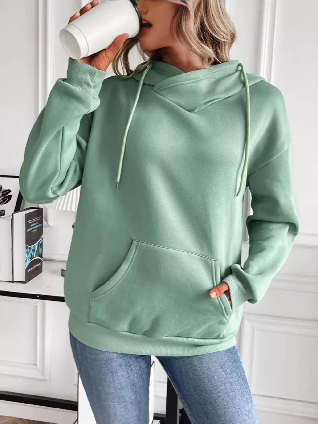 Kangaroo Pocket Long Sleeve Drawstring Hoodie OutfitFlow
