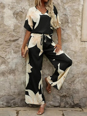 Printed V-Neck Top and Pants Set OutfitFlow