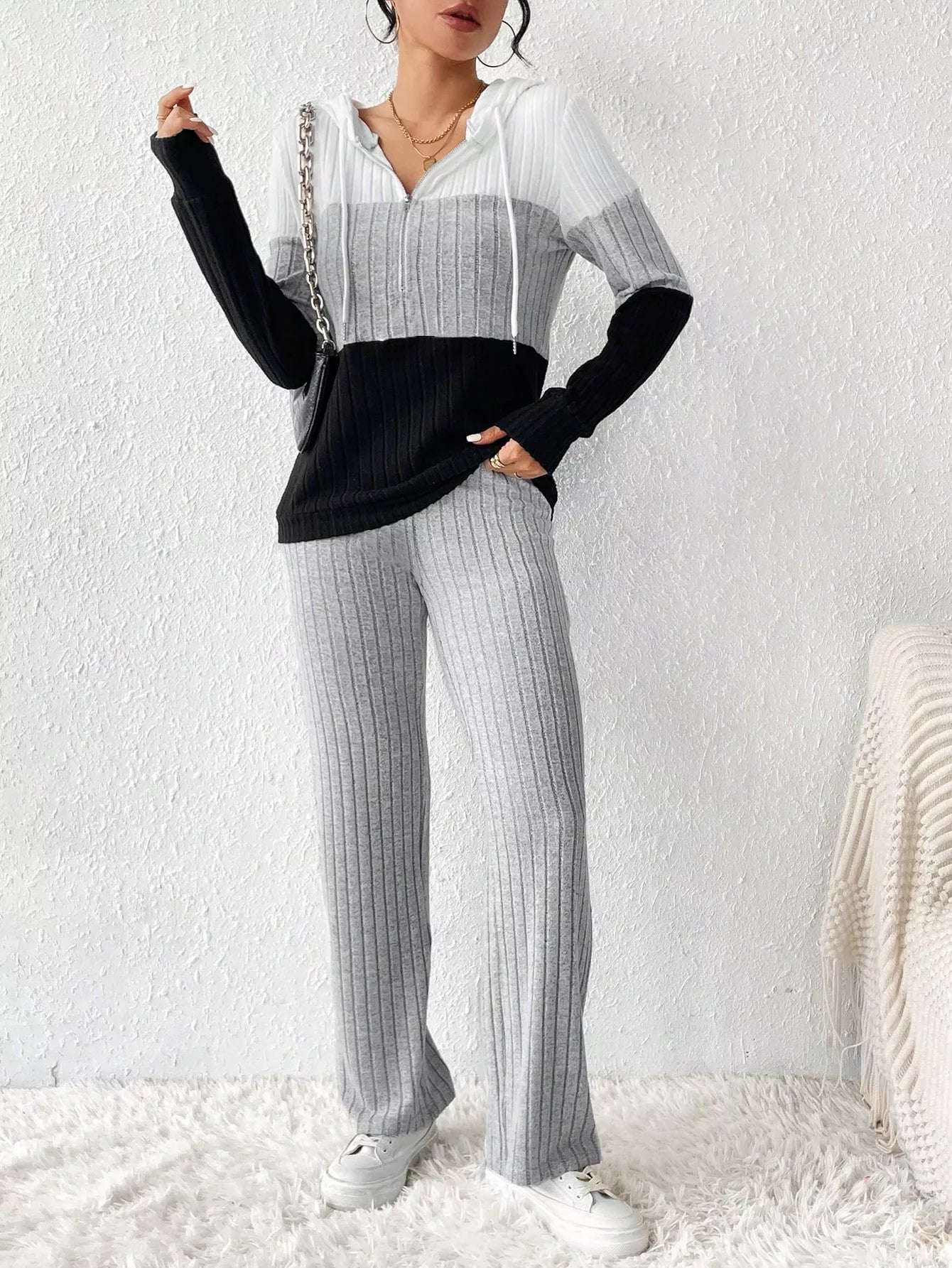 Color Block Half Zip Hooded Top and Pants Set OutfitFlow
