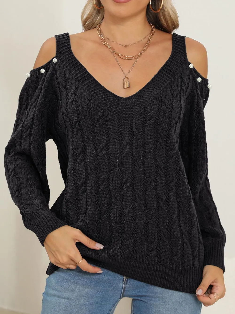 Cable-Knit Cold Shoulder Sweater Black OutfitFlow