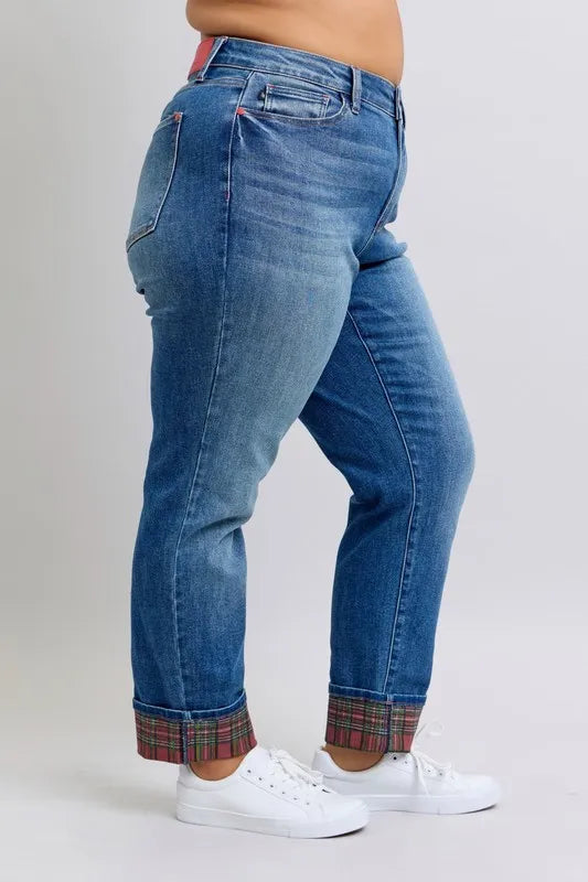 Judy Blue Full Size Mr Plaid Print Cuff Bf Jeans Plus Size OutfitFlow