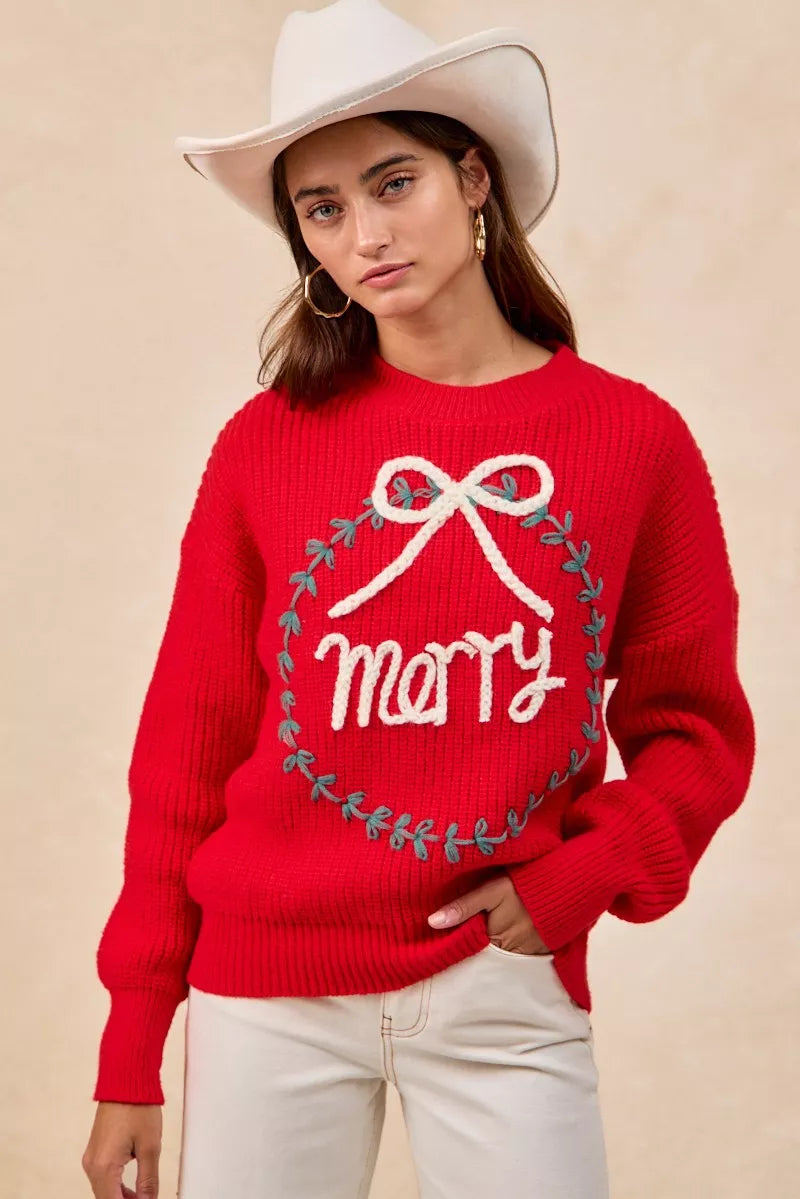 BiBi Christmas Wreath Merry Letter Knit Top OutfitFlow