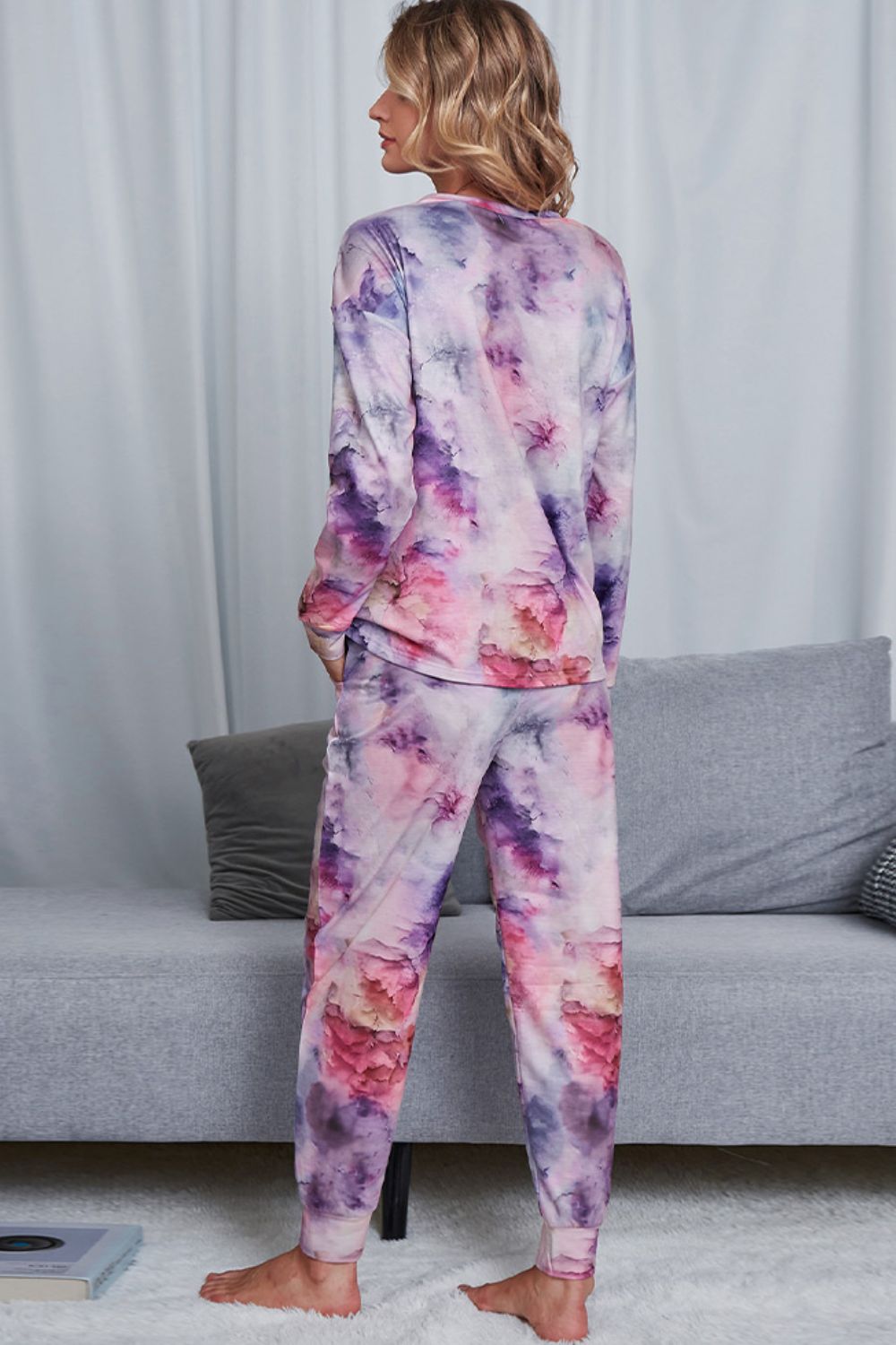 Outfit Flow - Shiny Tie-Dye Crewneck Top and Drawstring Waist Joggers Lounge Set