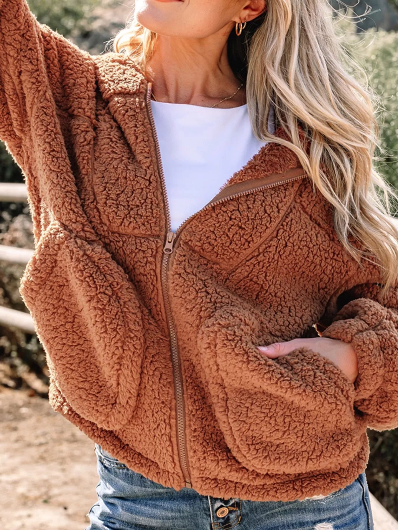 Zip Up Hooded Sherpa Jacket OutfitFlow