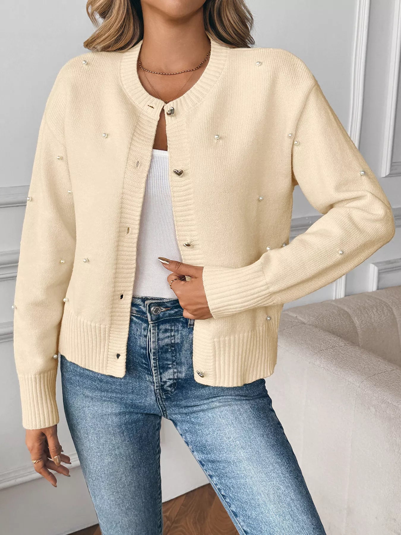 Pearl Embellished Button-Up Cardigan OutfitFlow