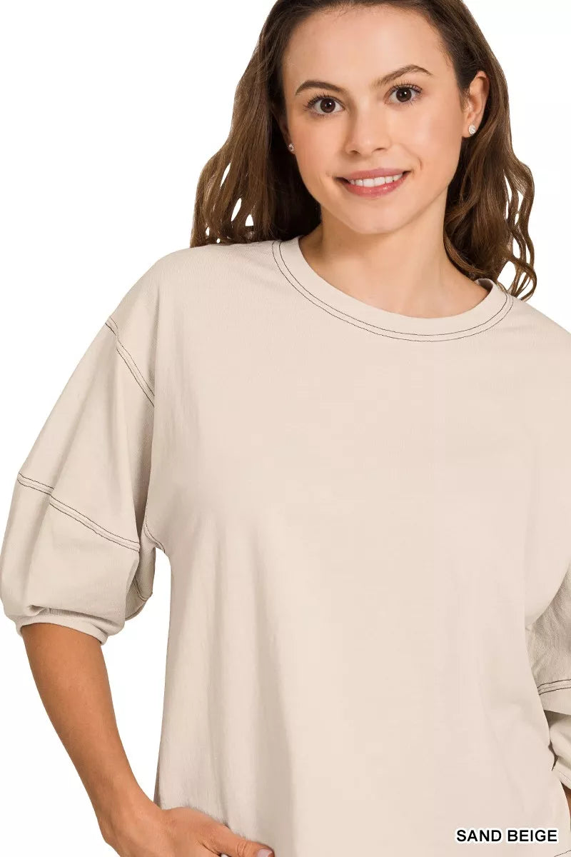 Zenana Balloon Sleeve Top with Contrast Stitching OutfitFlow