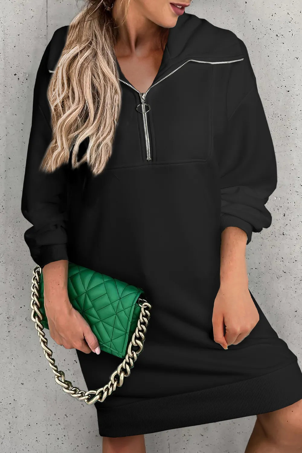 Half Zip Dropped Shoulder Mini Sweatshirt Dress OutfitFlow