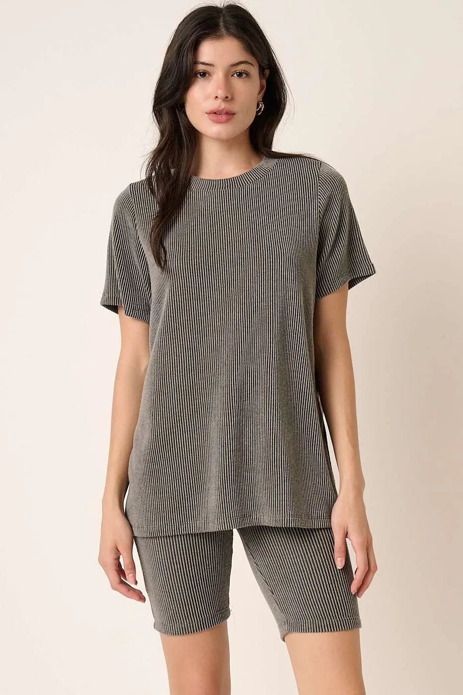 Mittoshop Rib Knit T-Shirt and Biker Short Set CHARCOAL OutfitFlow