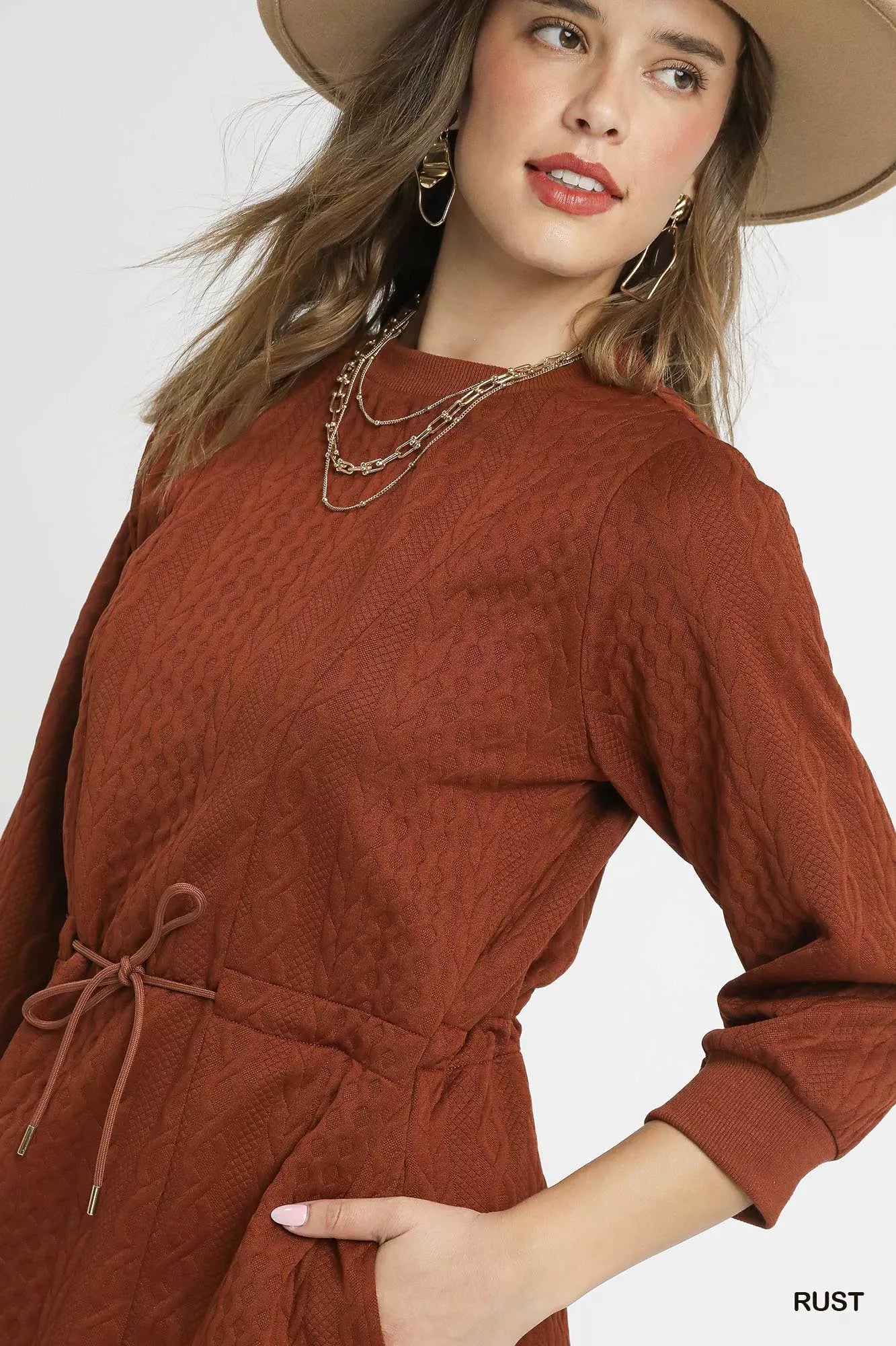 Umgee Drawstring Cable Knit Mini Dress with Pockets OutfitFlow
