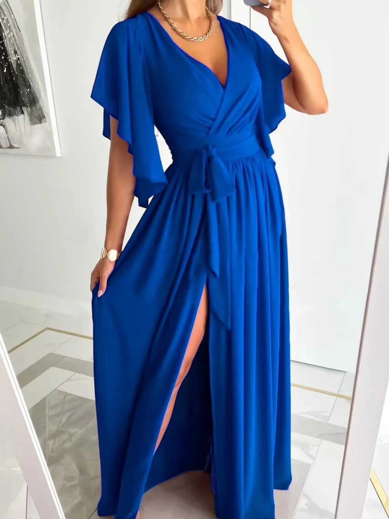 Flutter Sleeve Surplice Tie Waist Dress Blue OutfitFlow