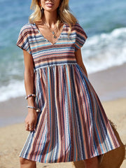 Striped V-Neck Short Sleeve Dress OutfitFlow