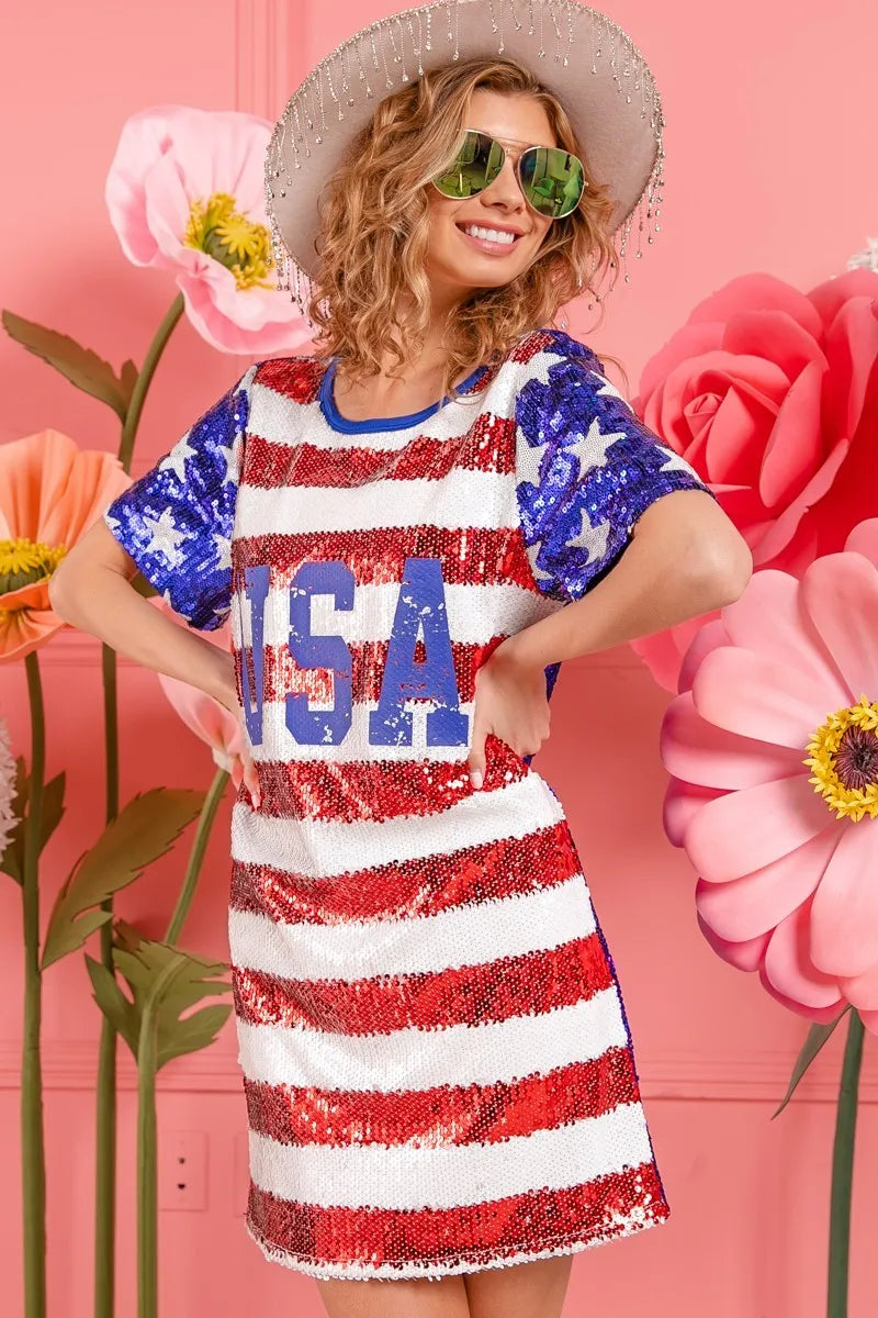 BiBi American Flag Theme Usa Print Sequin Dress OutfitFlow