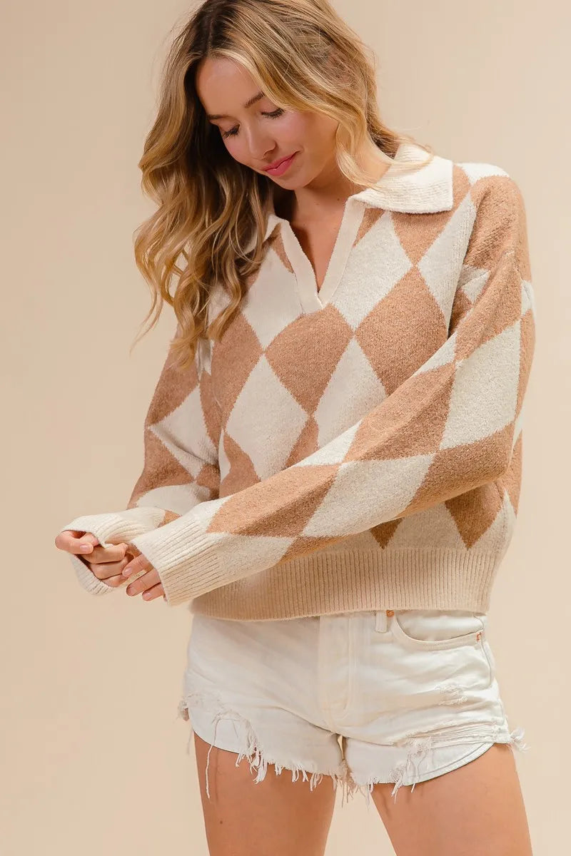 BiBi Diamond Pattern Collared Notch Neck Sweater OutfitFlow