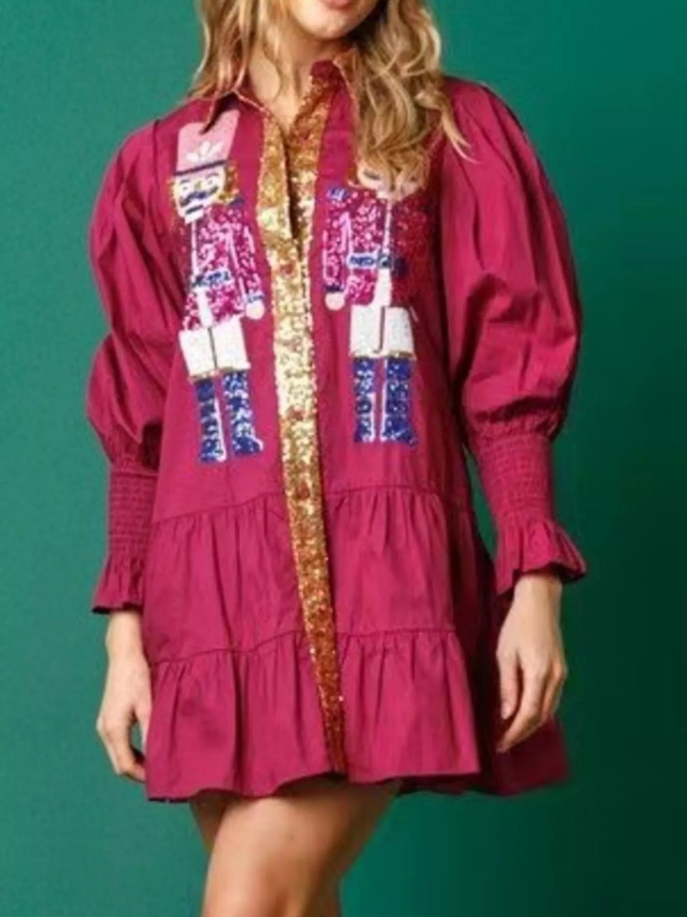 Full Size Christmas Sequin Nutcracker Tiered Shirt Dress Plus Size OutfitFlow