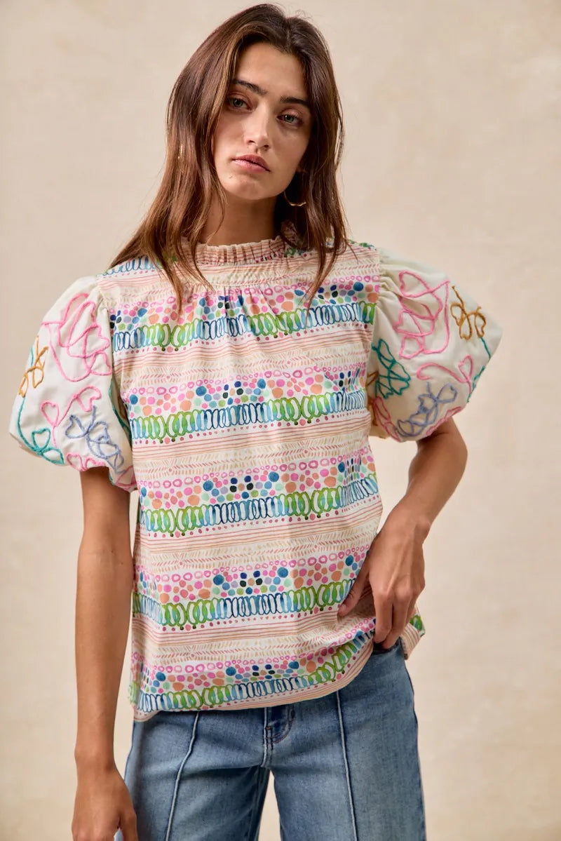 BiBi Ruffle Neckline Blouse With Embroidery Bubble Sleeve OutfitFlow