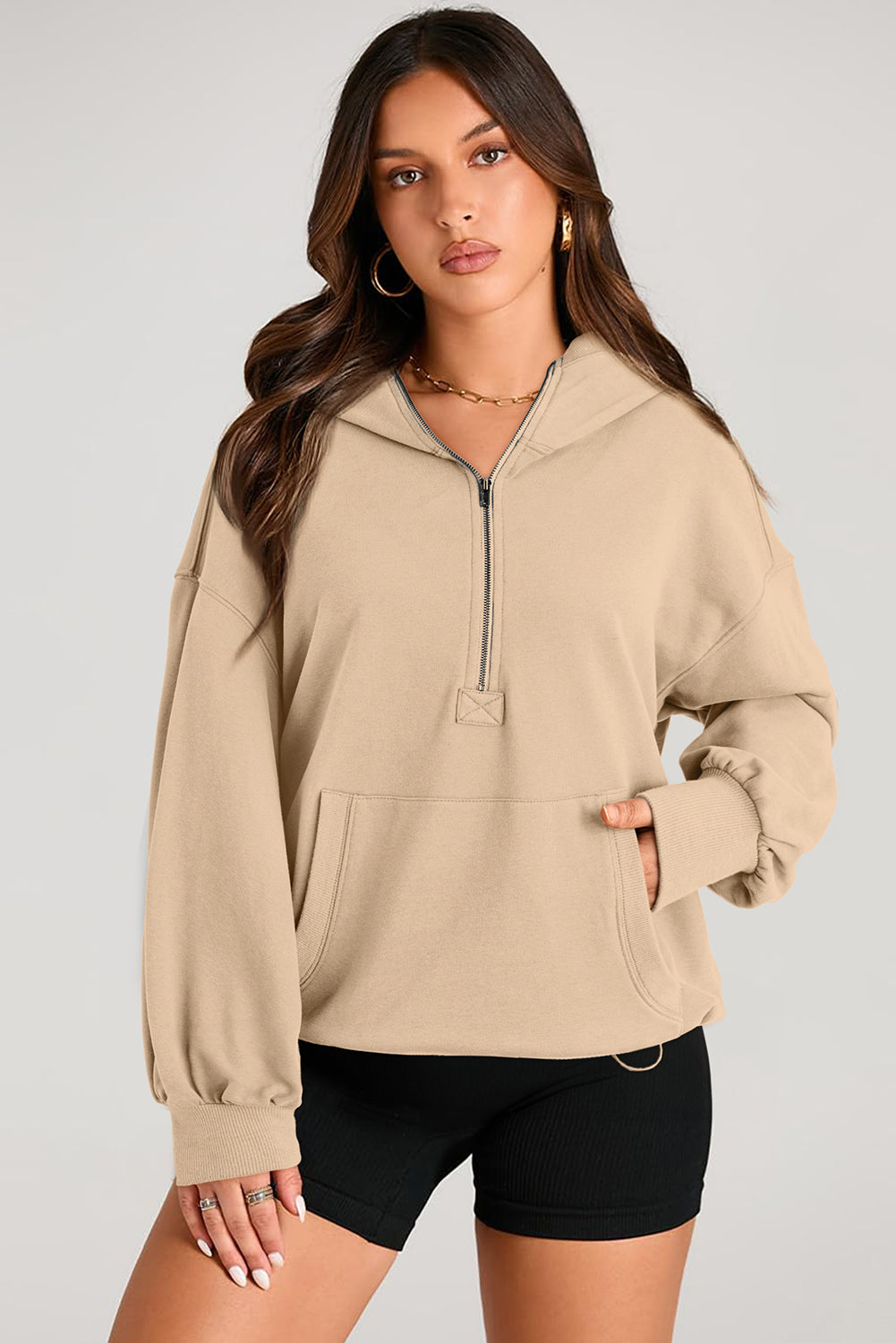 Outfit Flow - Pocketed Half Zip Long Sleeve Hoodie