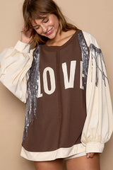POL Balloon Sleeve French Terry Sweatshirt with Sequin Tassel CHOCO CREAM Trendsi