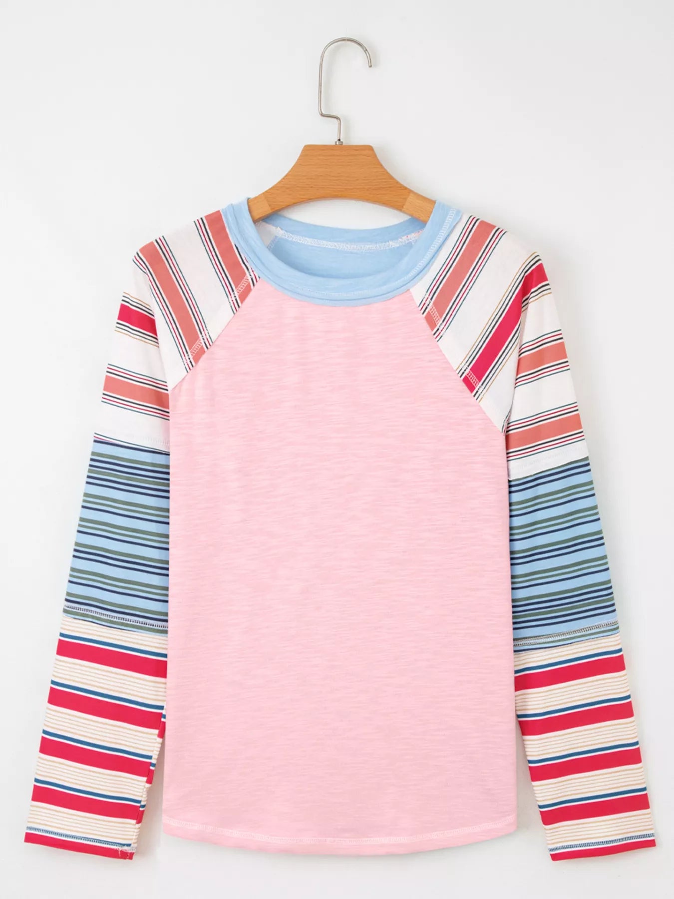 Color Block Round Neck Exposed Seam Patchwork Striped Long Sleeve Top OutfitFlow
