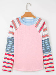 Color Block Round Neck Exposed Seam Patchwork Striped Long Sleeve Top OutfitFlow