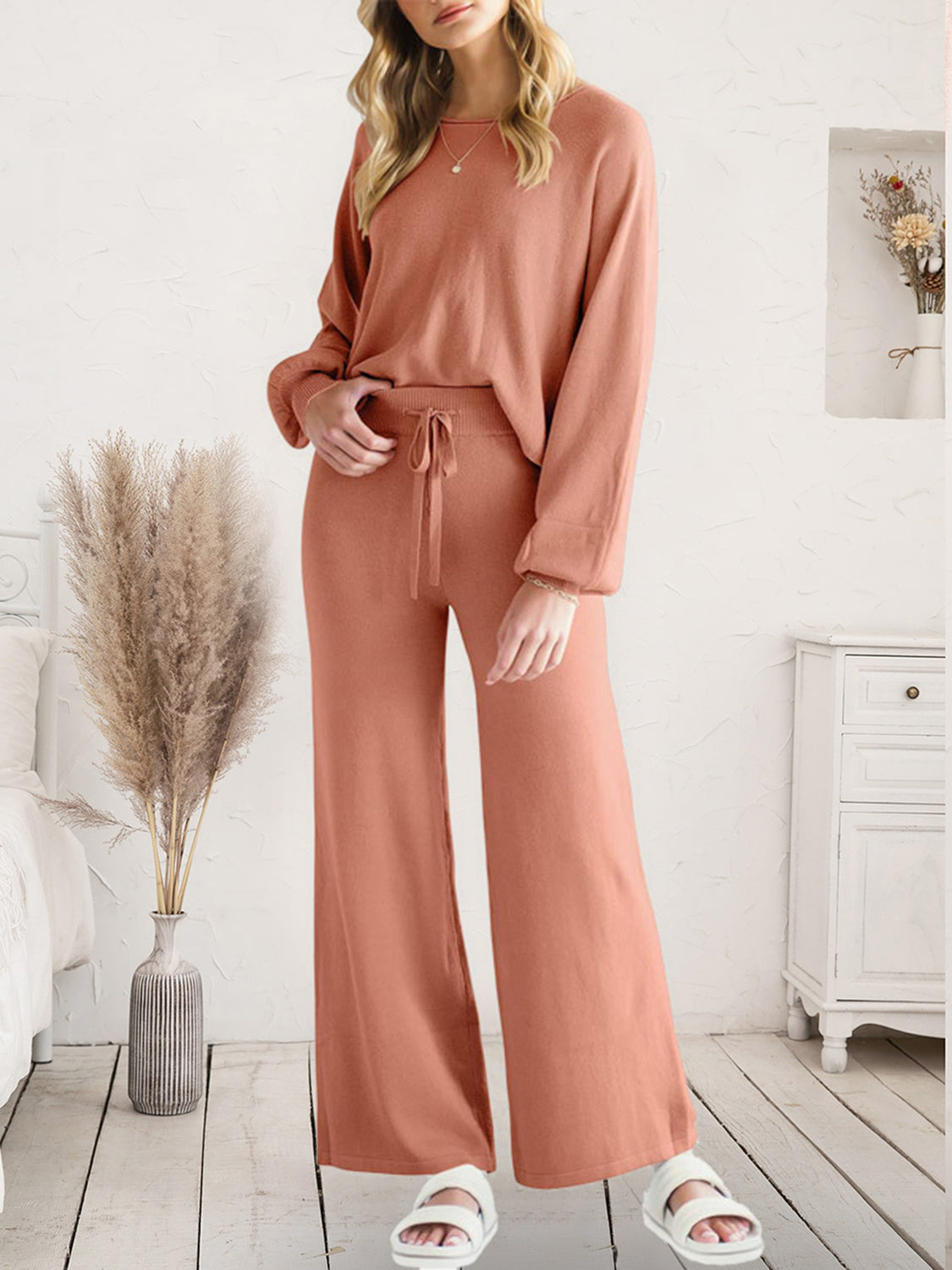 Outfit Flow - Long Sleeve Lounge Top and Drawstring Pants Set