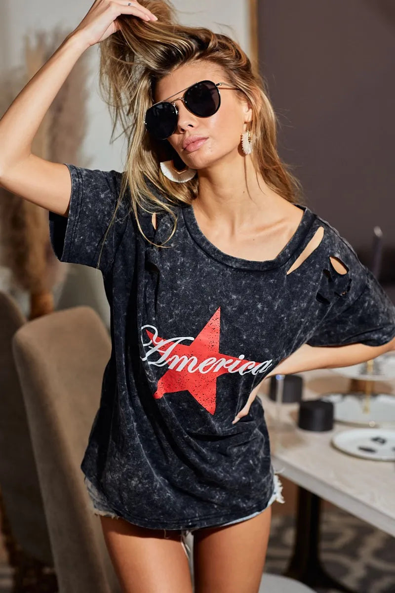 BiBi Laser Cut Mineral Washed Jersey Top with America OutfitFlow