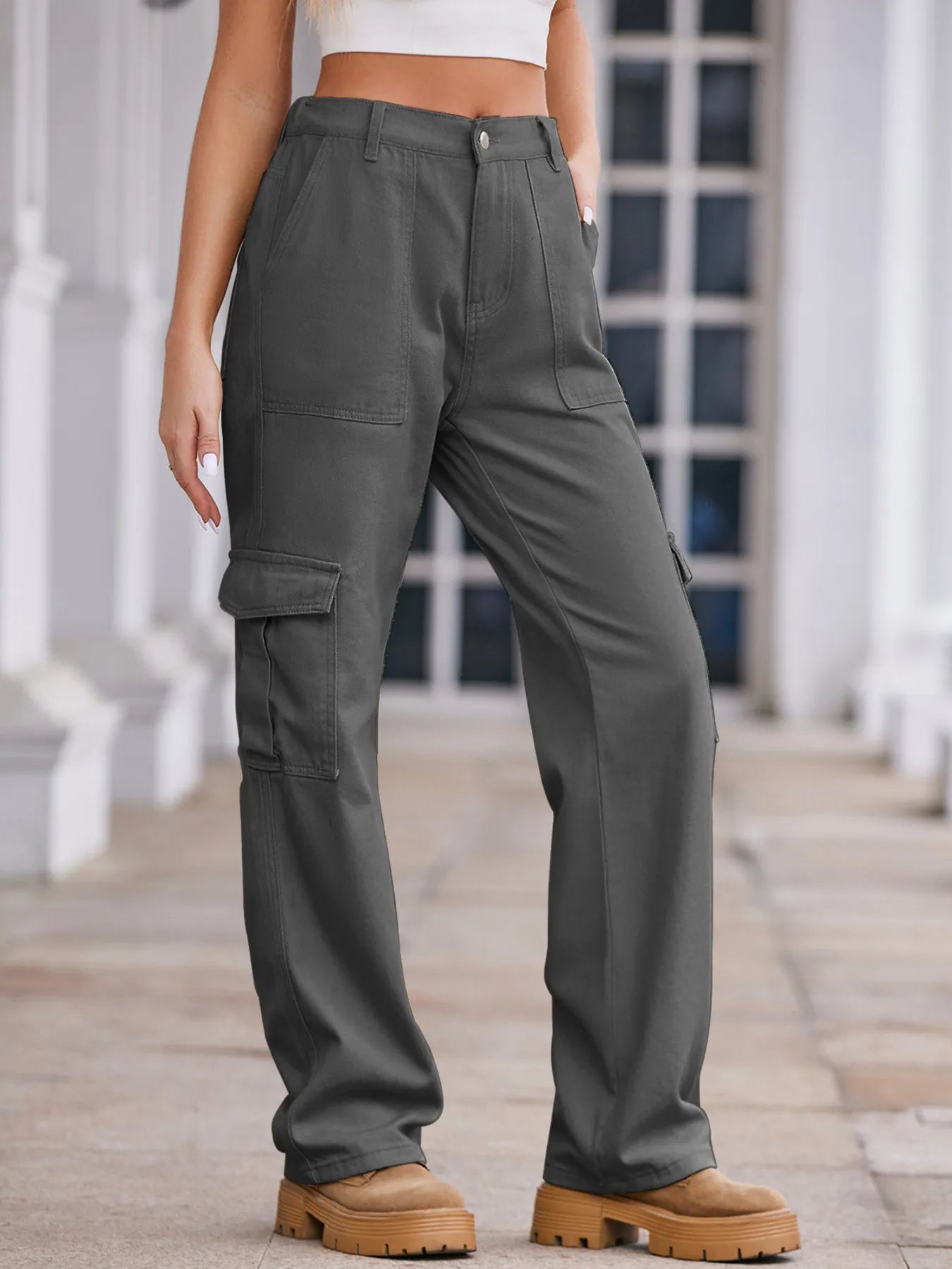 High-Waisted Cargo Jeans Grey OutfitFlow