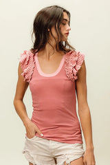 BiBi Rib Knit With Textured Ruffled Top OutfitFlow