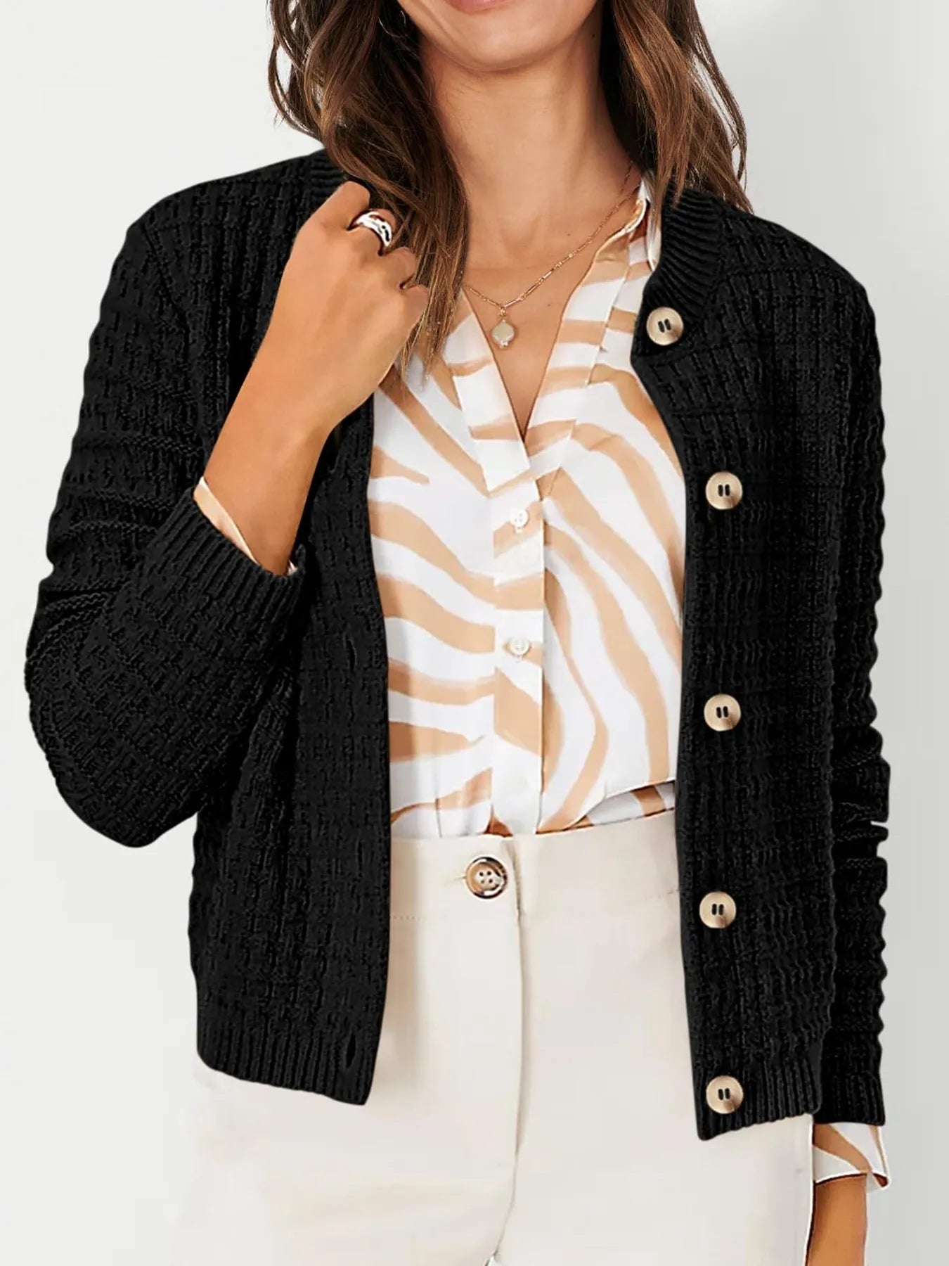 Textured Knit Button-Front Cardigan OutfitFlow
